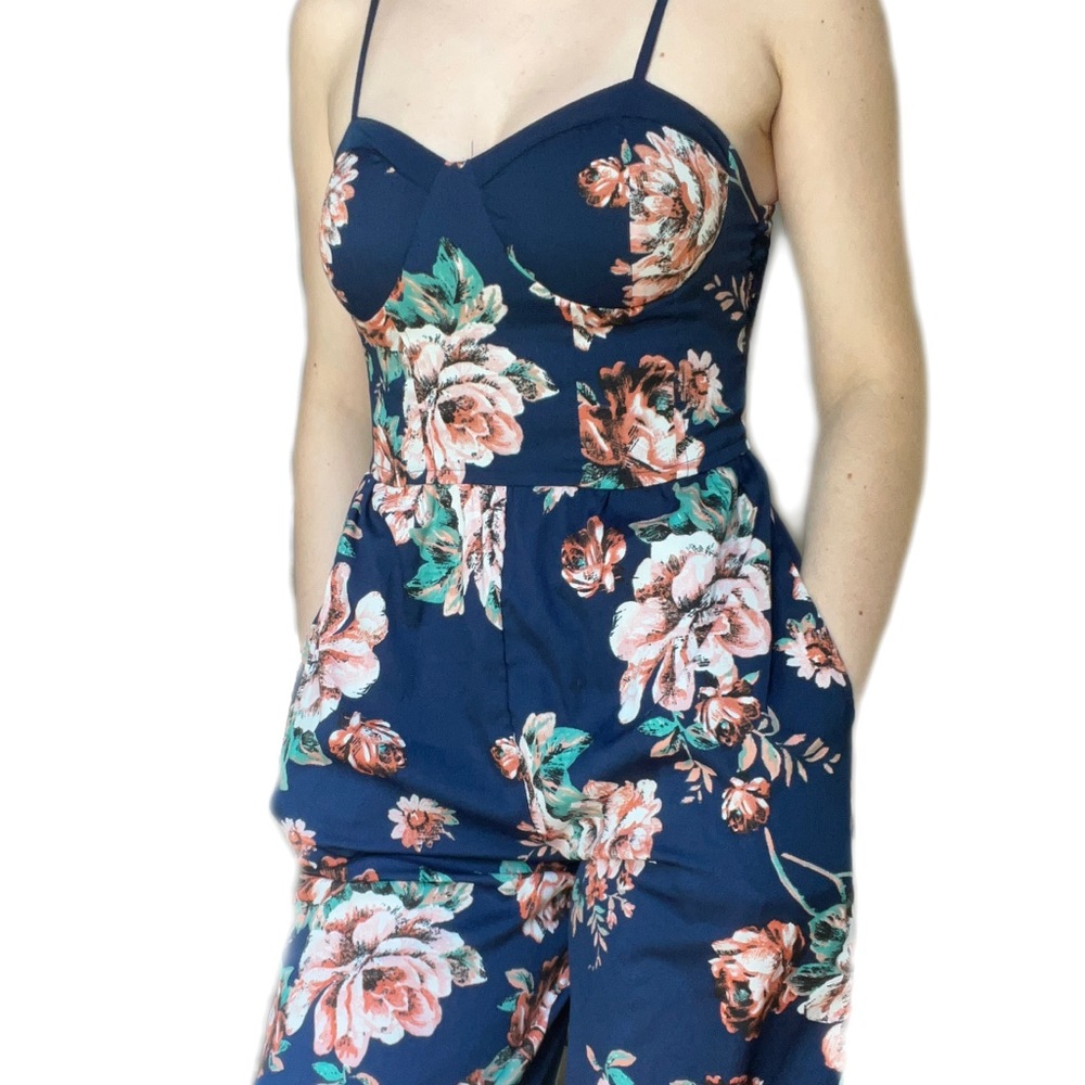 Dark Blue Floral Romper WITH POCKETS Size Small